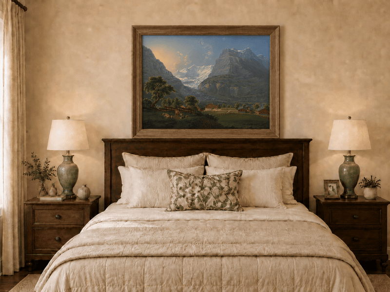 Landscape Oil Painting - Glacier Valley Farm and Snow Peaks