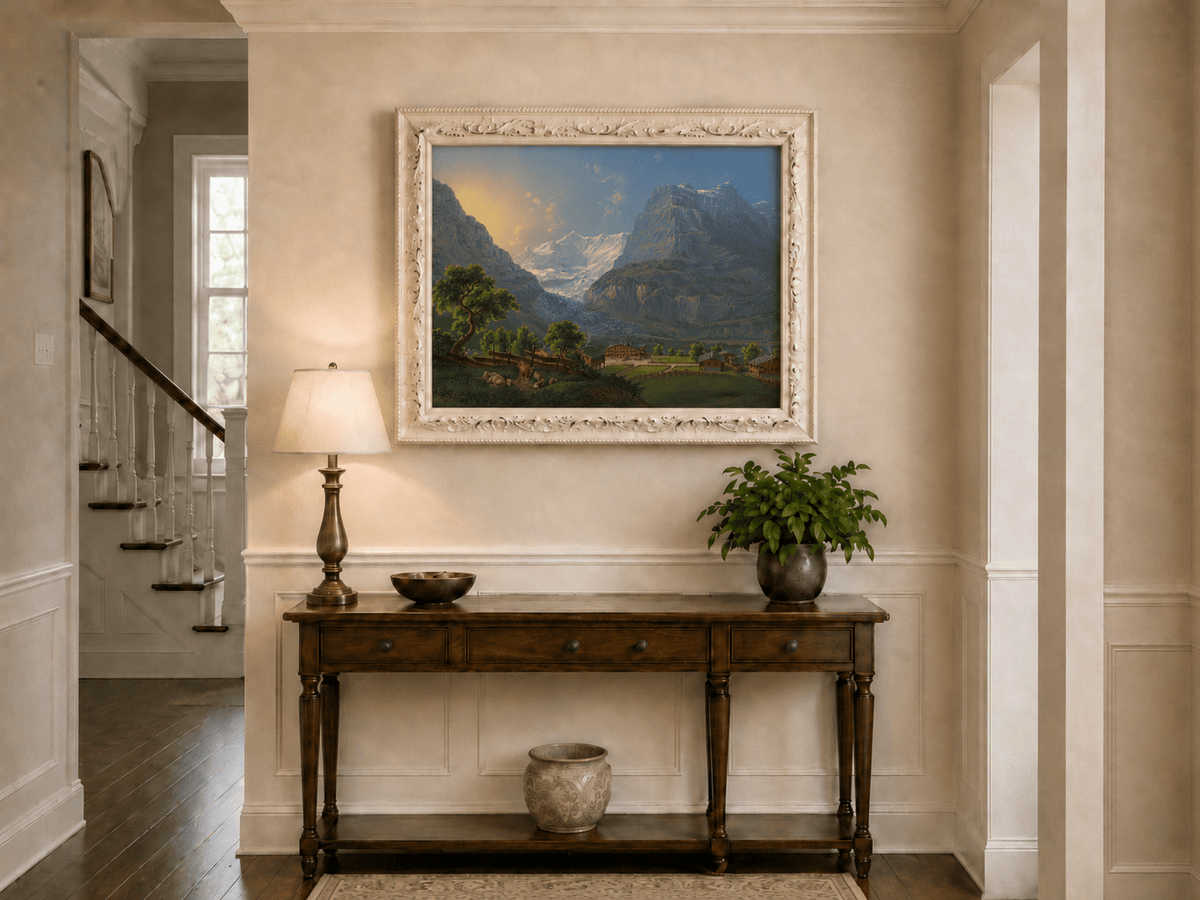 Landscape Oil Painting - Glacier Valley Farm and Snow Peaks