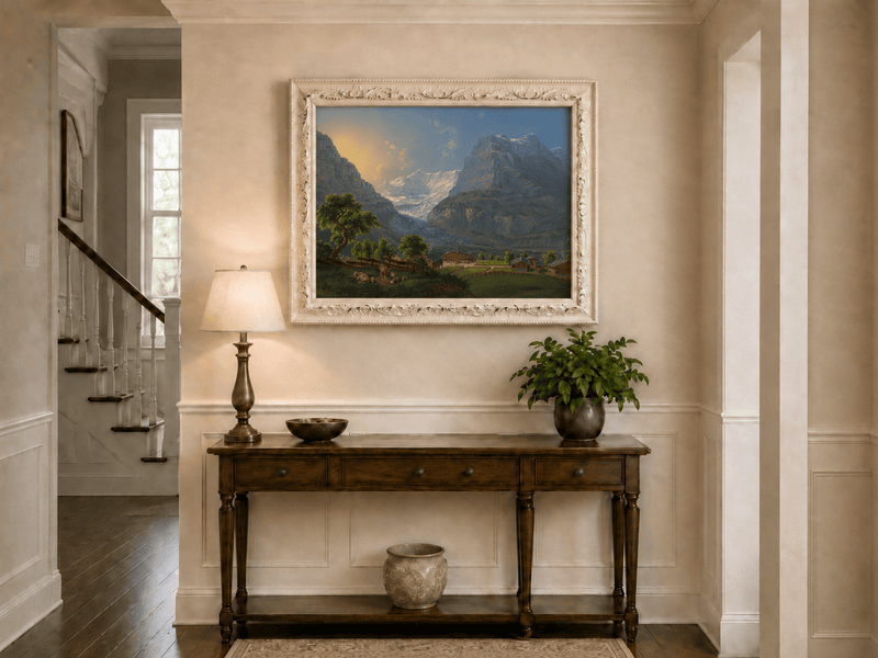 Landscape Oil Painting - Glacier Valley Farm and Snow Peaks