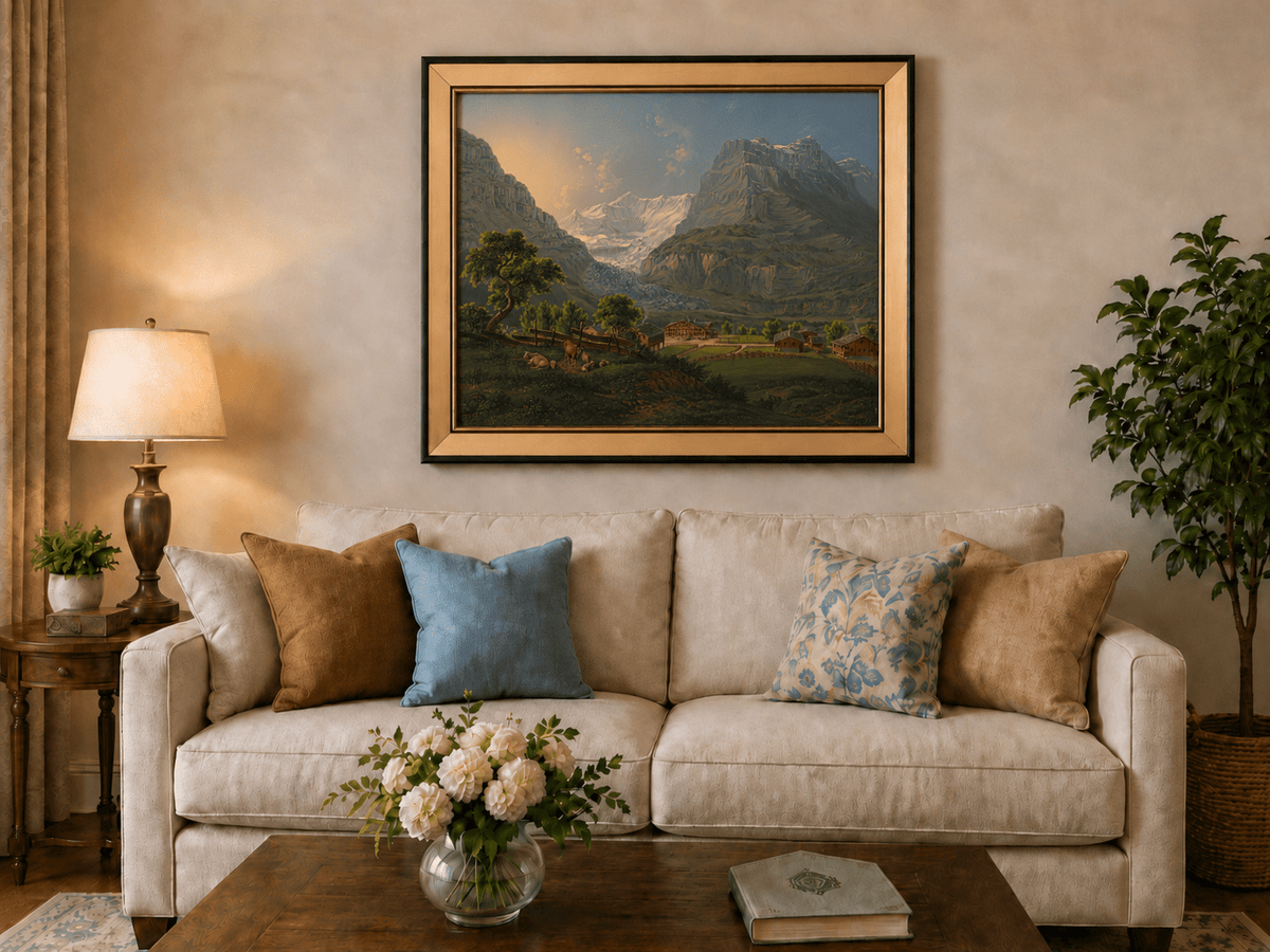 Landscape Oil Painting - Glacier Valley Farm and Snow Peaks