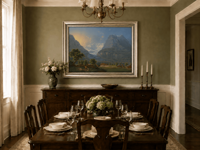 Landscape Oil Painting - Glacier Valley Farm and Snow Peaks