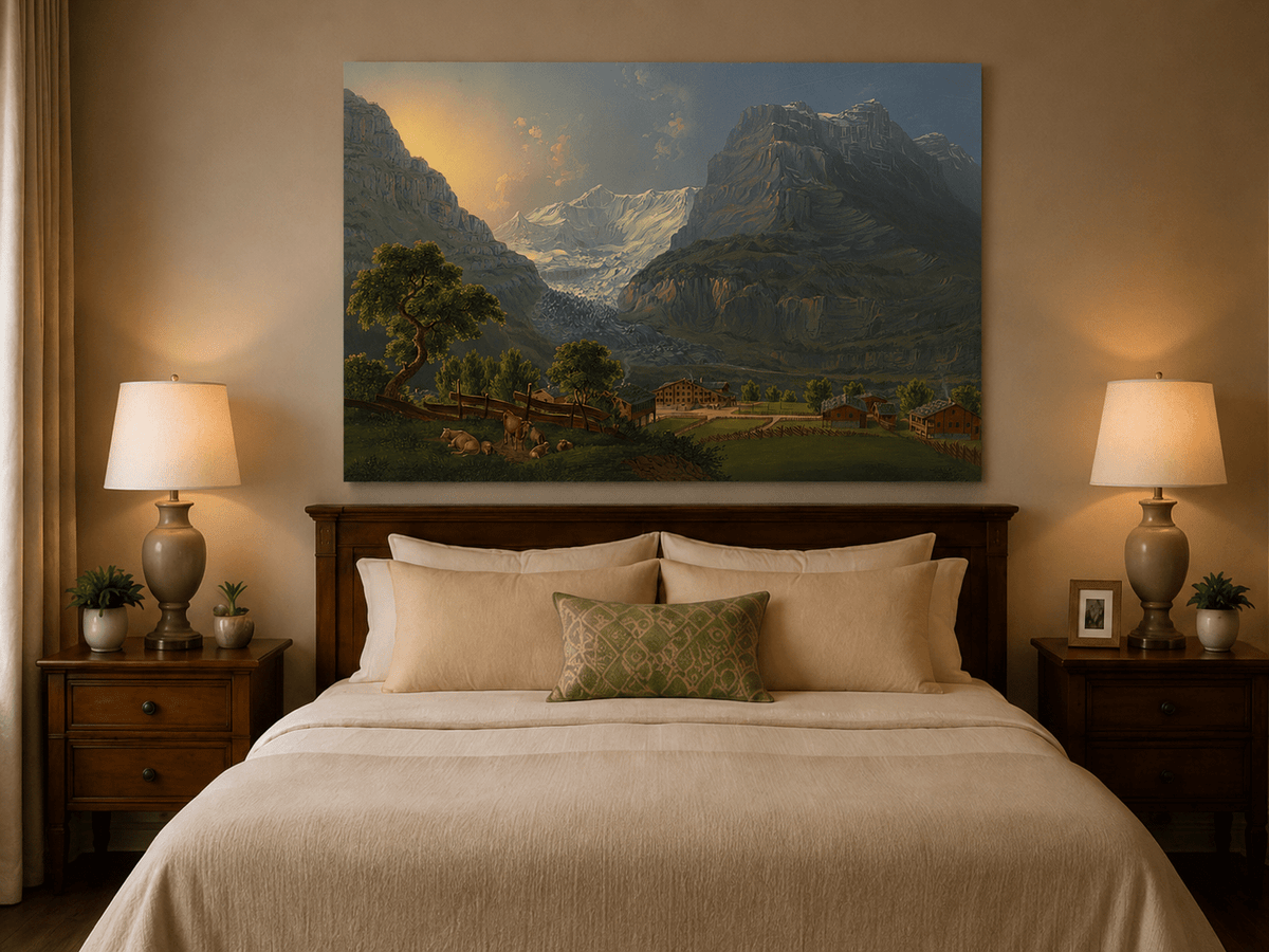 Landscape Oil Painting - Glacier Valley Farm and Snow Peaks