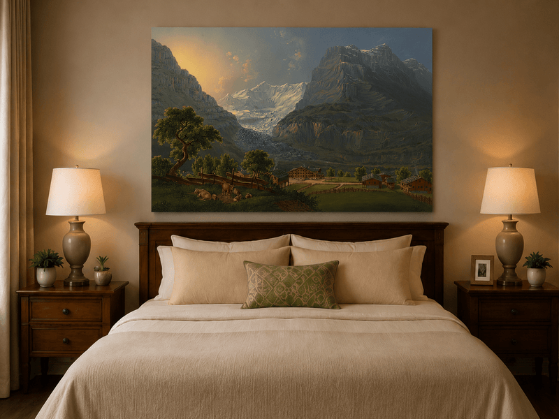 Landscape Oil Painting - Glacier Valley Farm and Snow Peaks