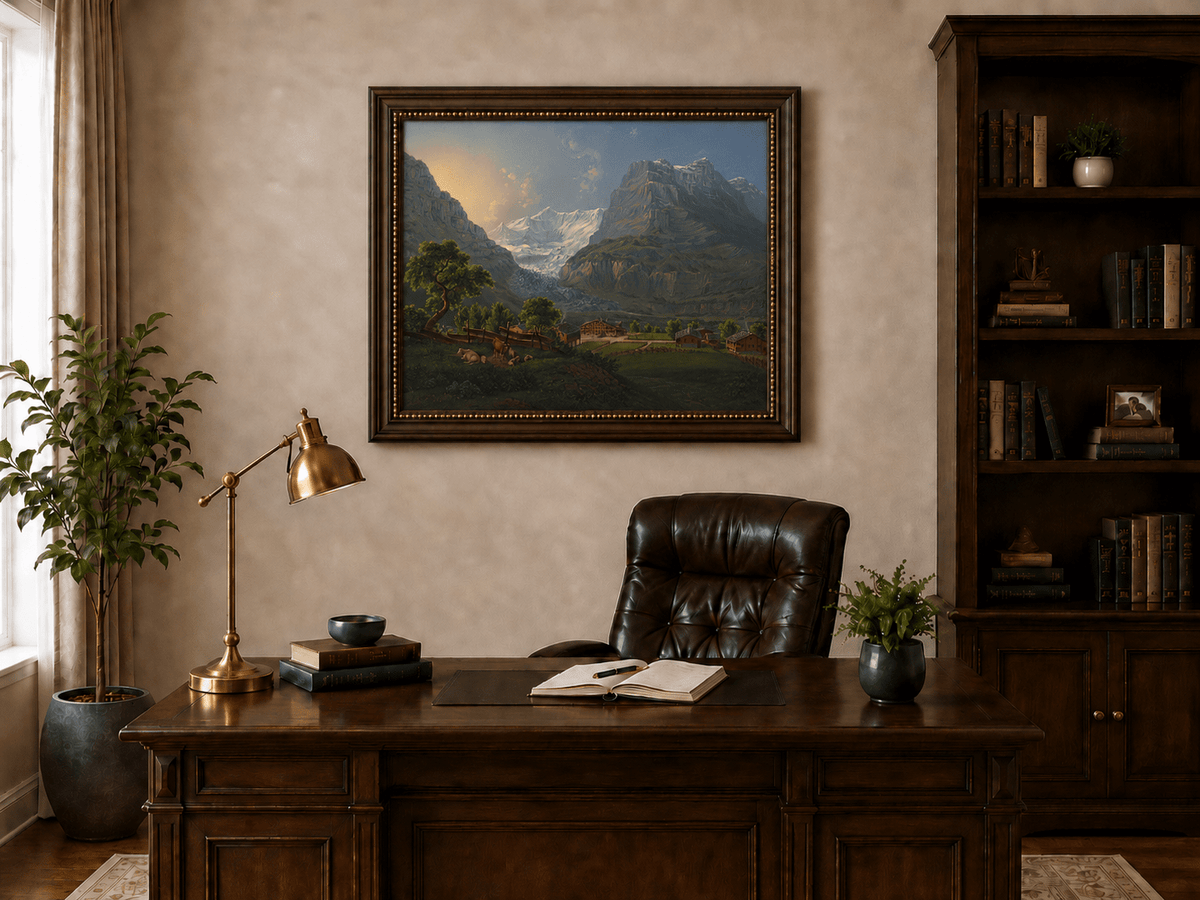Landscape Oil Painting - Glacier Valley Farm and Snow Peaks