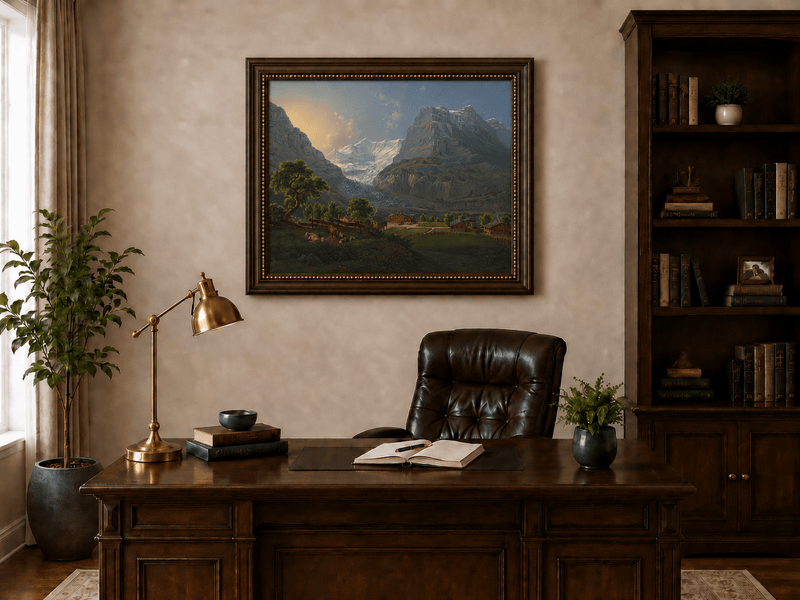 Landscape Oil Painting - Glacier Valley Farm and Snow Peaks