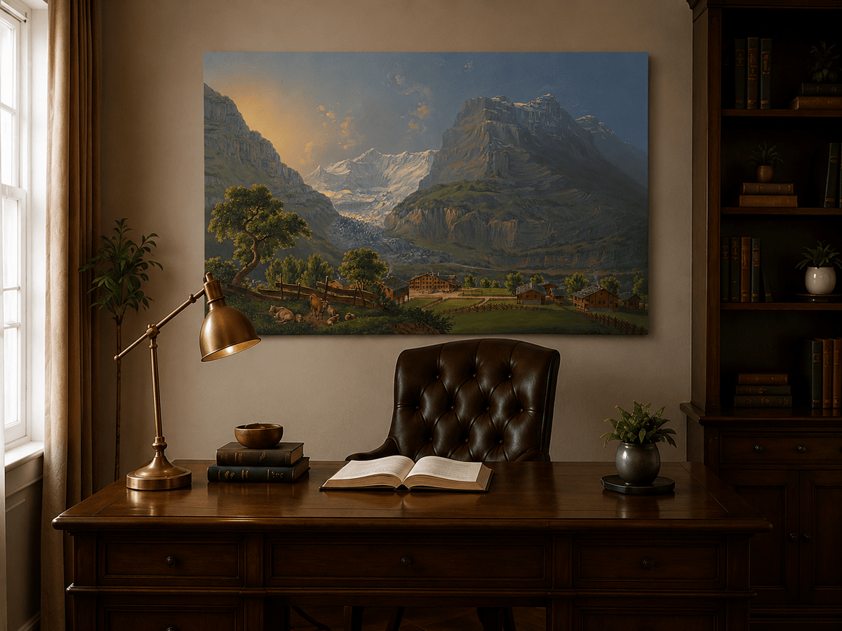 Landscape Oil Painting - Glacier Valley Farm and Snow Peaks