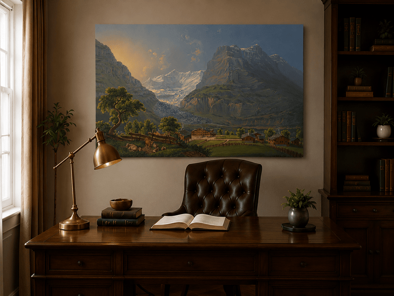 Landscape Oil Painting - Glacier Valley Farm and Snow Peaks