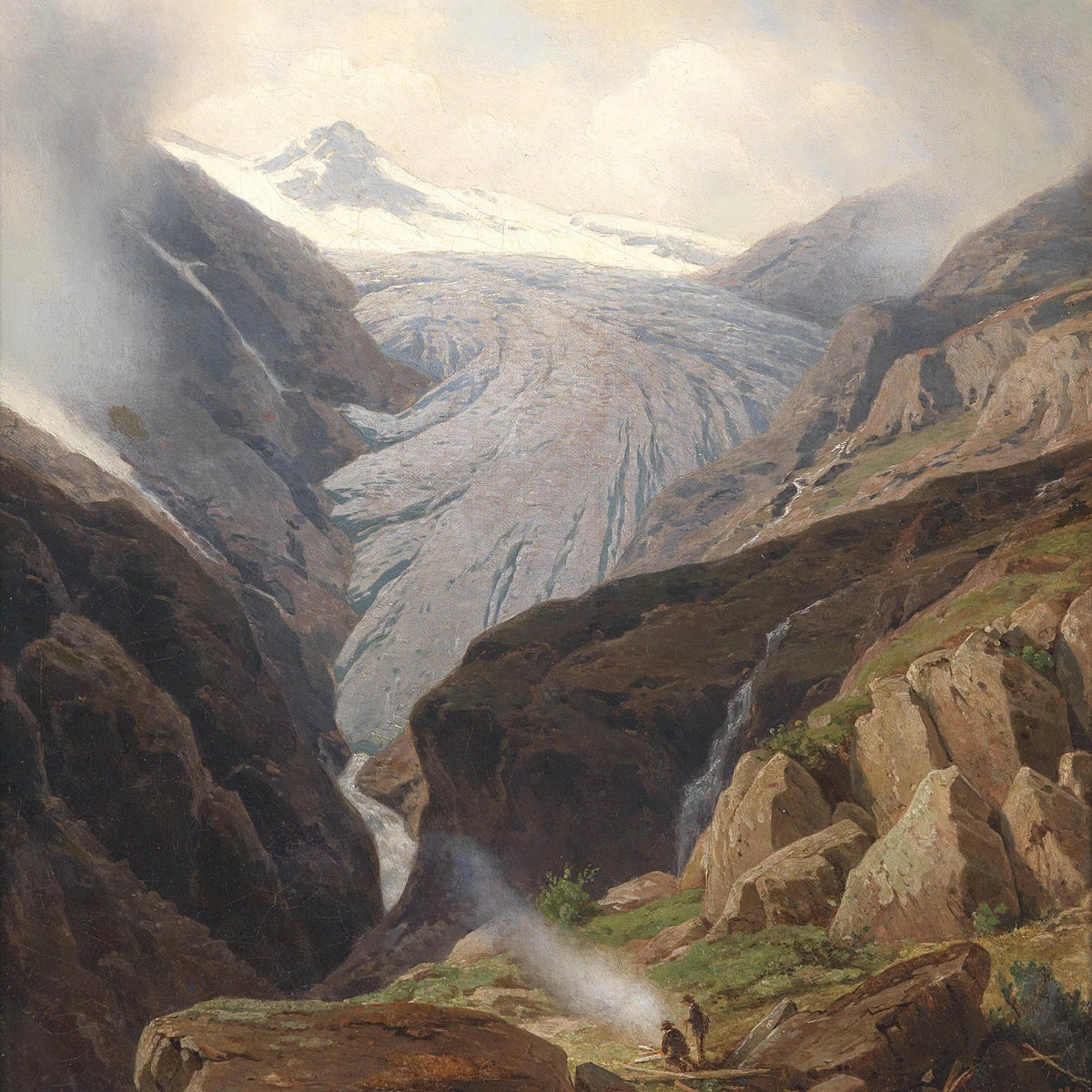Landscape Oil Painting - Glacier Valley, Figures, Waterfalls & Snow Peaks - Oil Painting Haven