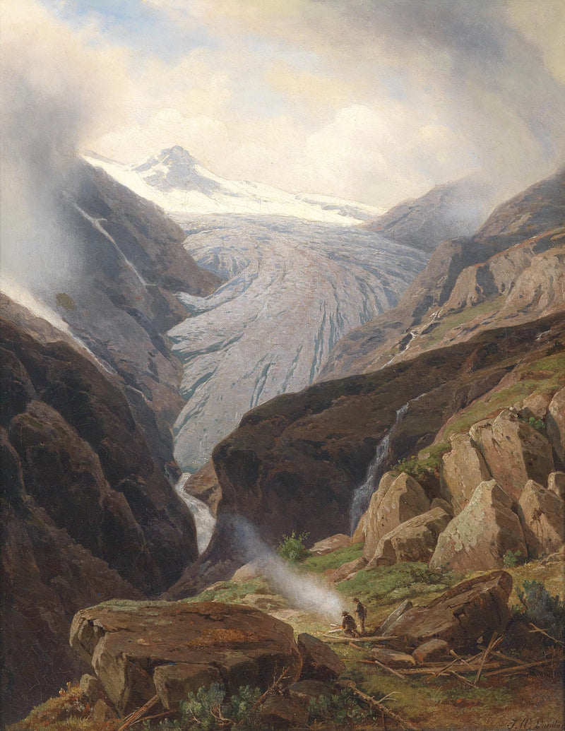 Landscape Oil Painting - Glacier Valley, Figures, Waterfalls & Snow Peaks - Oil Painting Haven