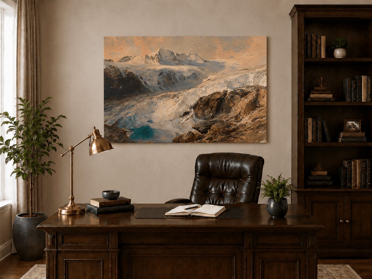 Peinture à l'huile de paysage - Vallée glaciaire et lac turquoise