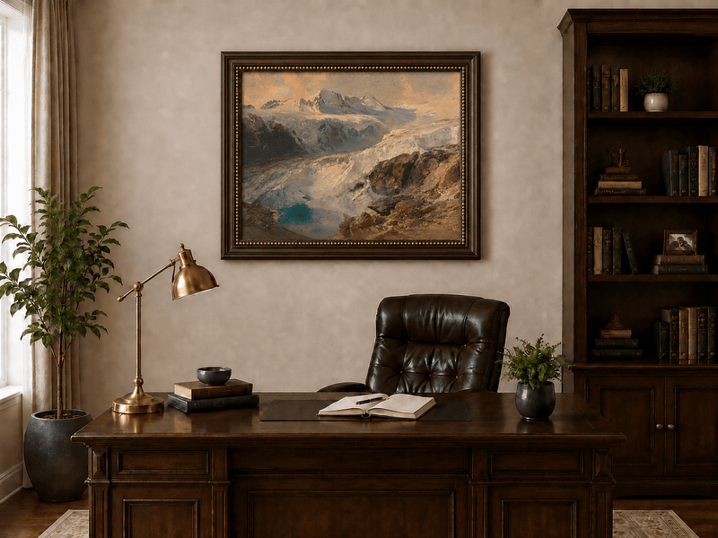 Peinture à l'huile de paysage - Vallée glaciaire et lac turquoise