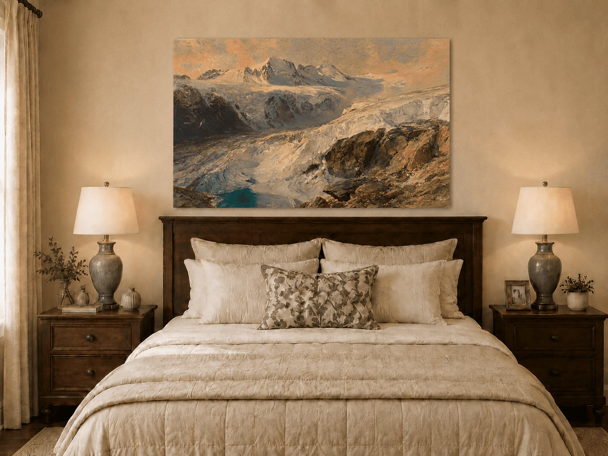 Peinture à l'huile de paysage - Vallée glaciaire et lac turquoise