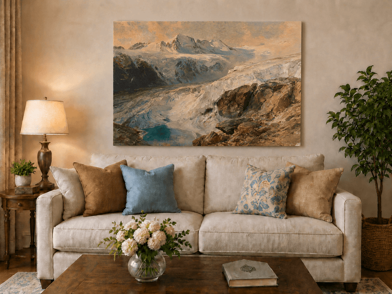 Peinture à l'huile de paysage - Vallée glaciaire et lac turquoise