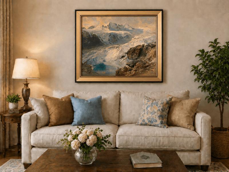 Peinture à l'huile de paysage - Vallée glaciaire et lac turquoise