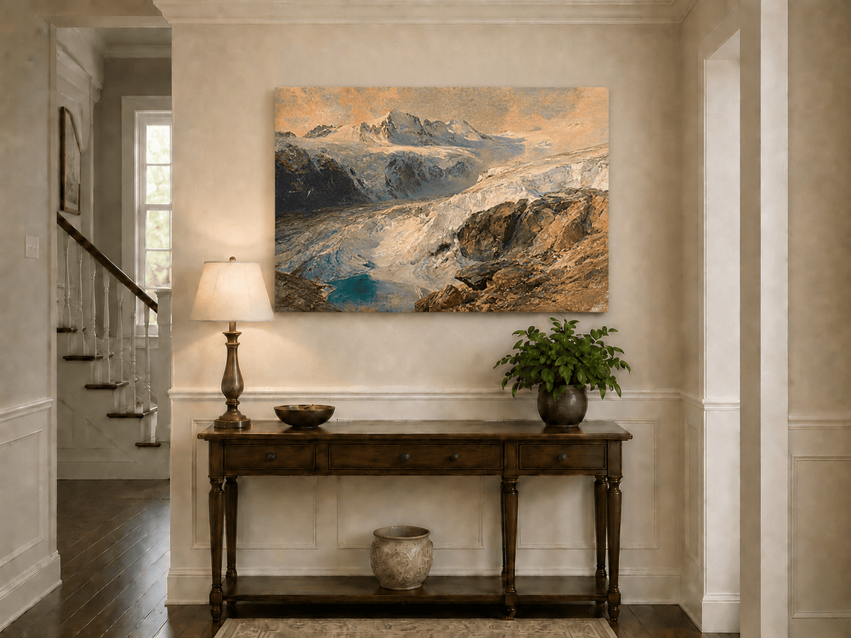 Peinture à l'huile de paysage - Vallée glaciaire et lac turquoise
