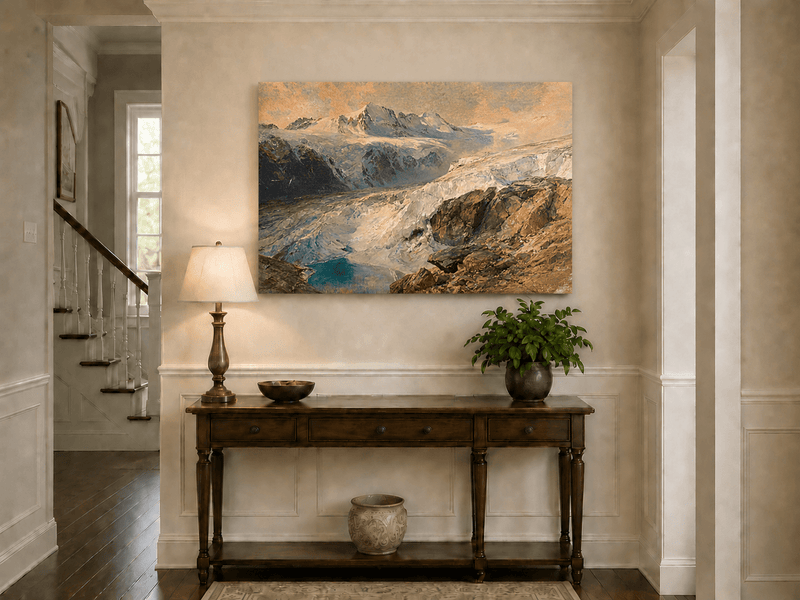 Peinture à l'huile de paysage - Vallée glaciaire et lac turquoise