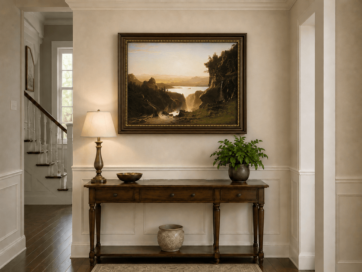 Landscape Oil Painting - Golden Canyon Lake Waterfall View