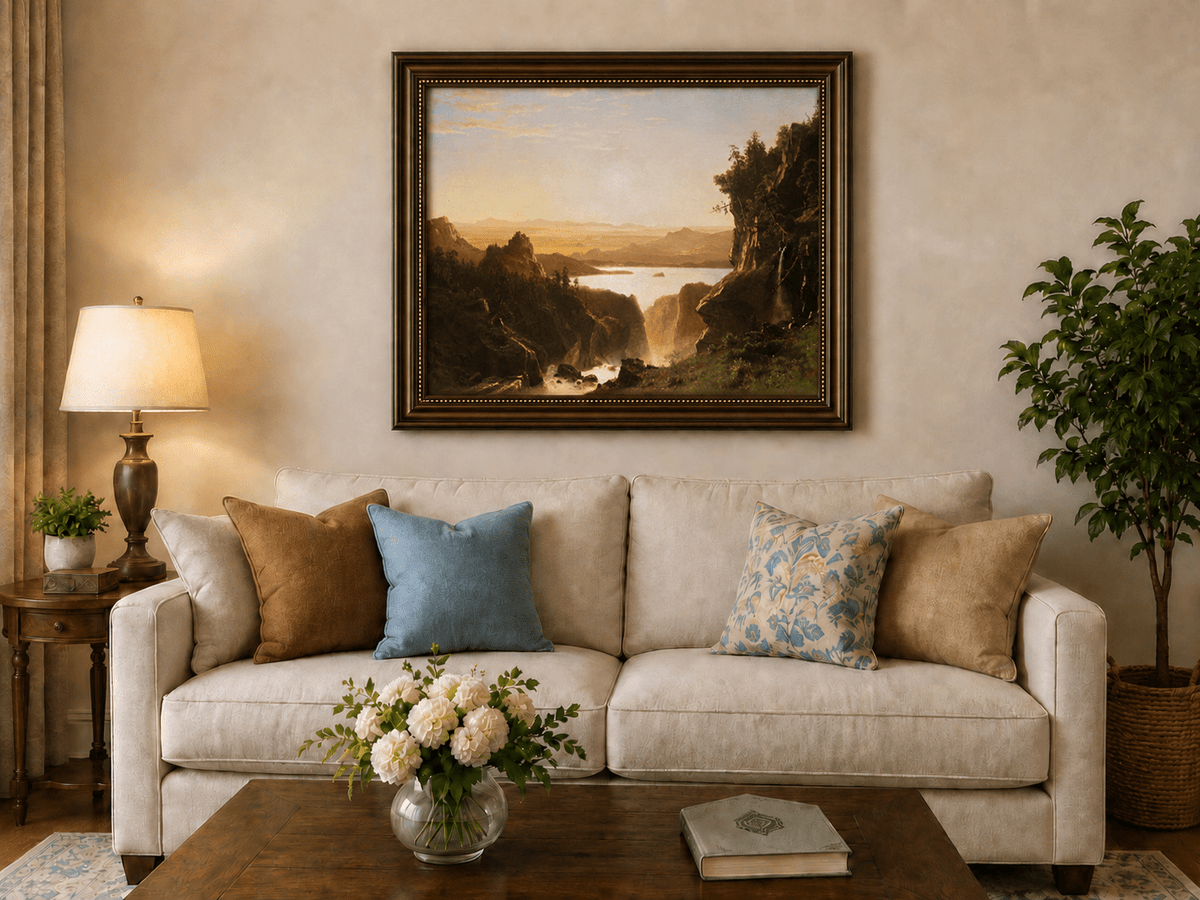 Landscape Oil Painting - Golden Canyon Lake Waterfall View