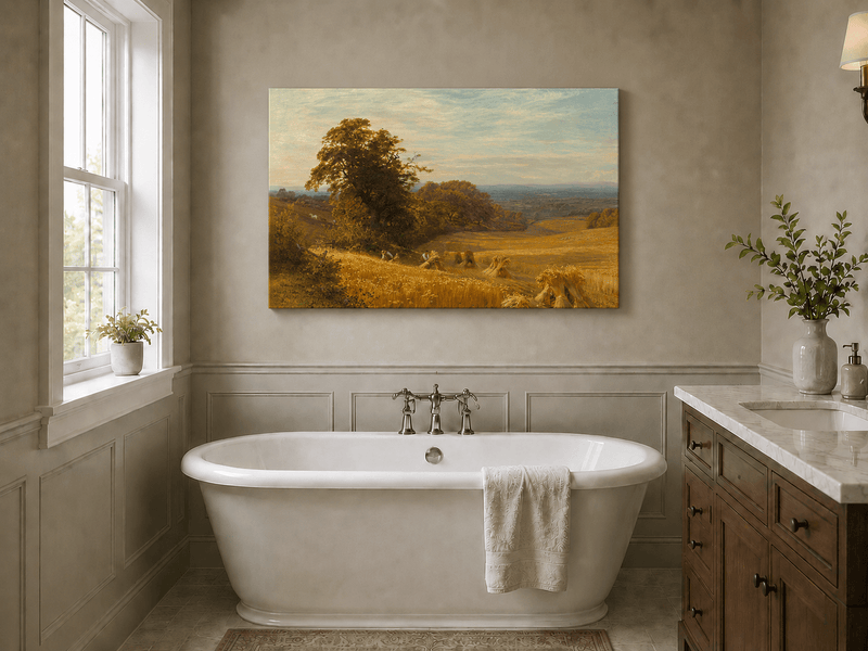 Landscape Oil Painting - Golden Cornfield and Wide Harvest Valley
