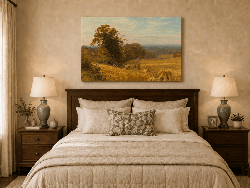 Landscape Oil Painting - Golden Cornfield and Wide Harvest Valley
