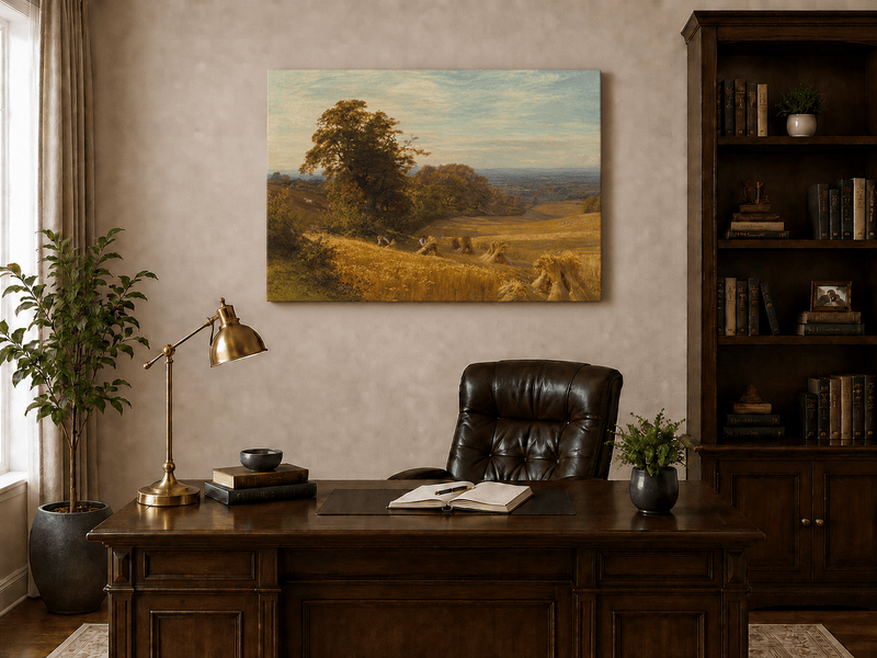 Landscape Oil Painting - Golden Cornfield and Wide Harvest Valley