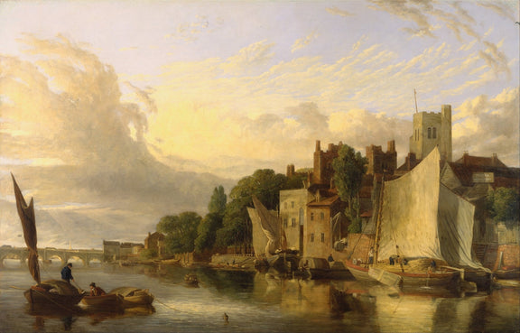 Hand-painted golden harbor with sailboats and old town landscape oil painting on canvas