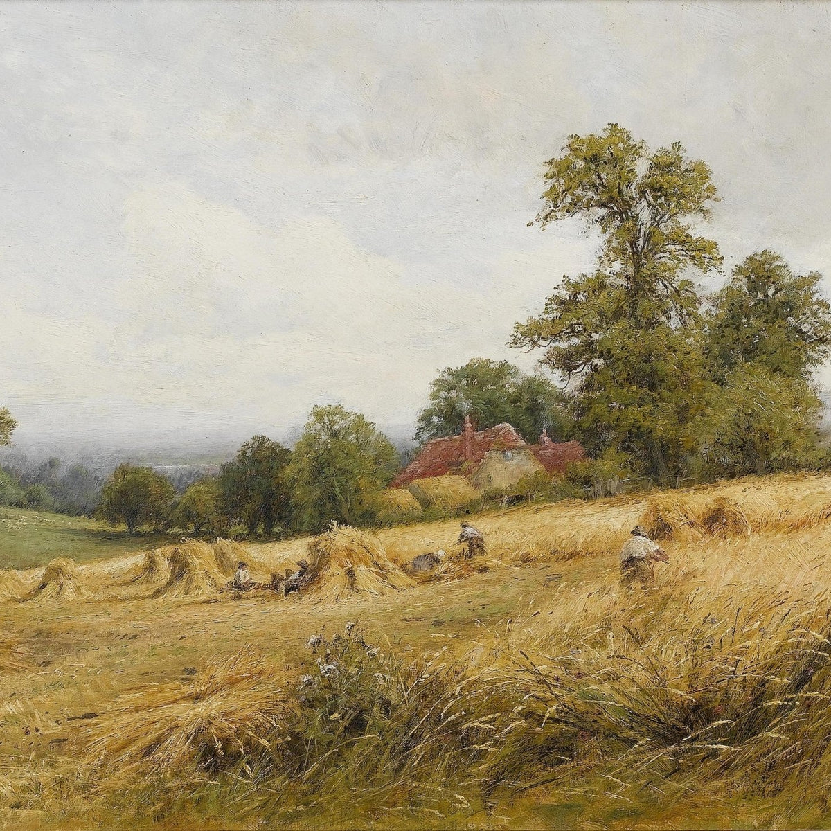 Hand-painted golden harvest field with cottage landscape oil painting on canvas
