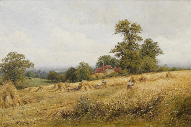 Hand-painted golden harvest field with cottage landscape oil painting on canvas