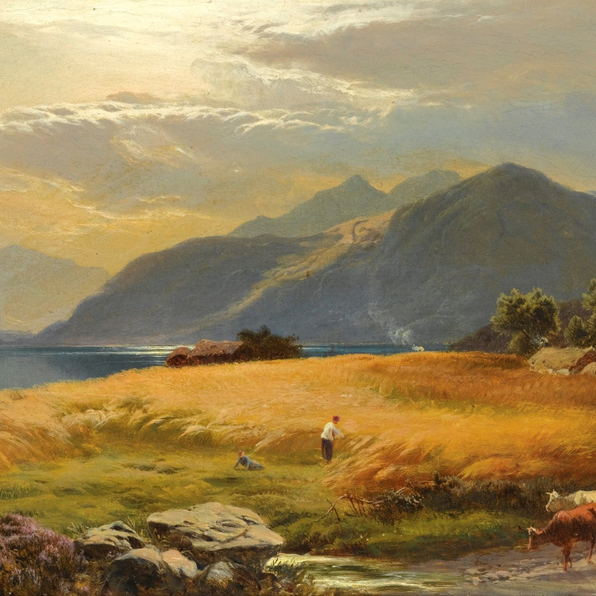 Landscape Oil Painting - Golden lakeside meadow & farmer, cattle - Oil Painting Haven