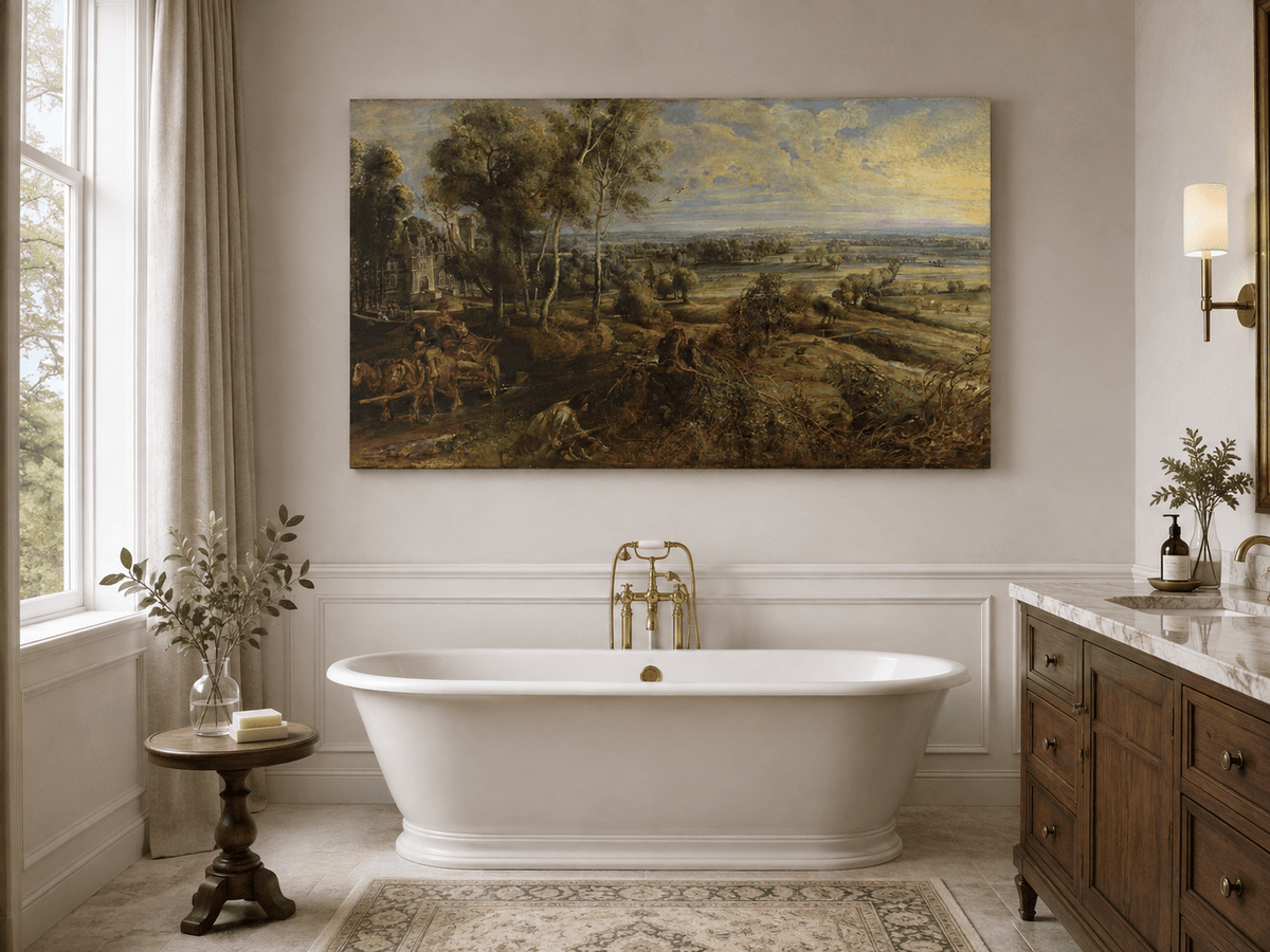 Pintura al óleo de paisaje: campo dorado por la mañana con castillo