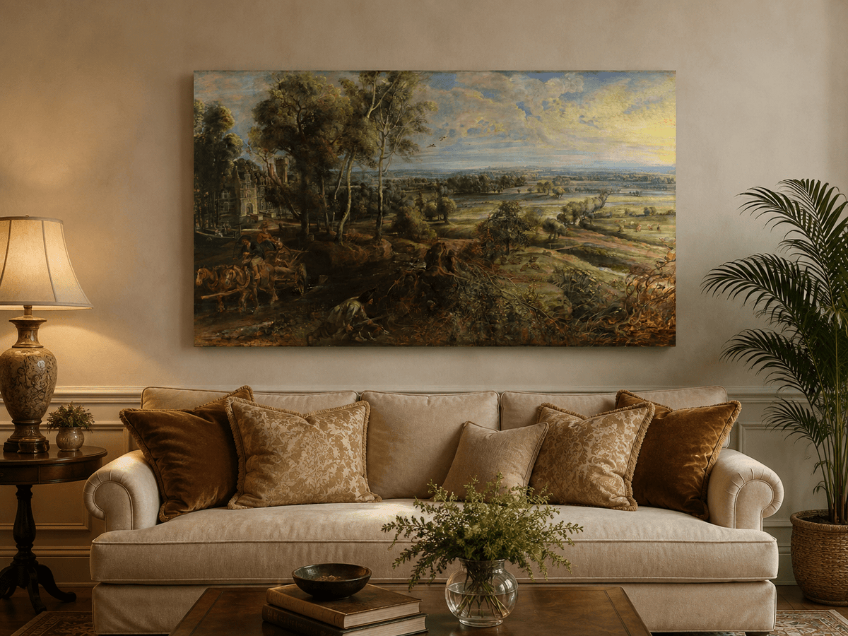 Pintura al óleo de paisaje: campo dorado por la mañana con castillo