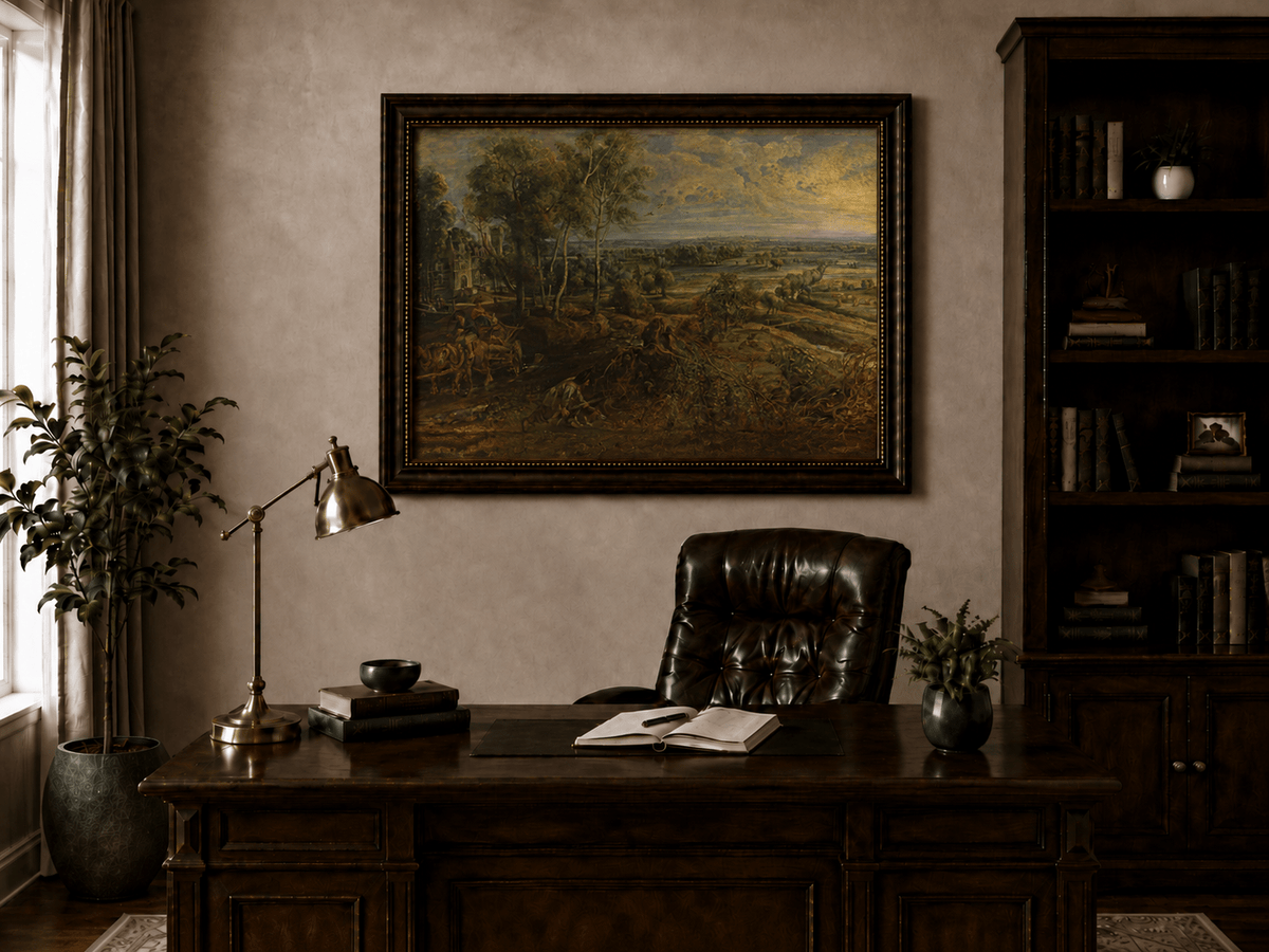 Pintura al óleo de paisaje: campo dorado por la mañana con castillo