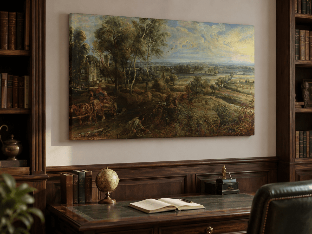 Pintura al óleo de paisaje: campo dorado por la mañana con castillo