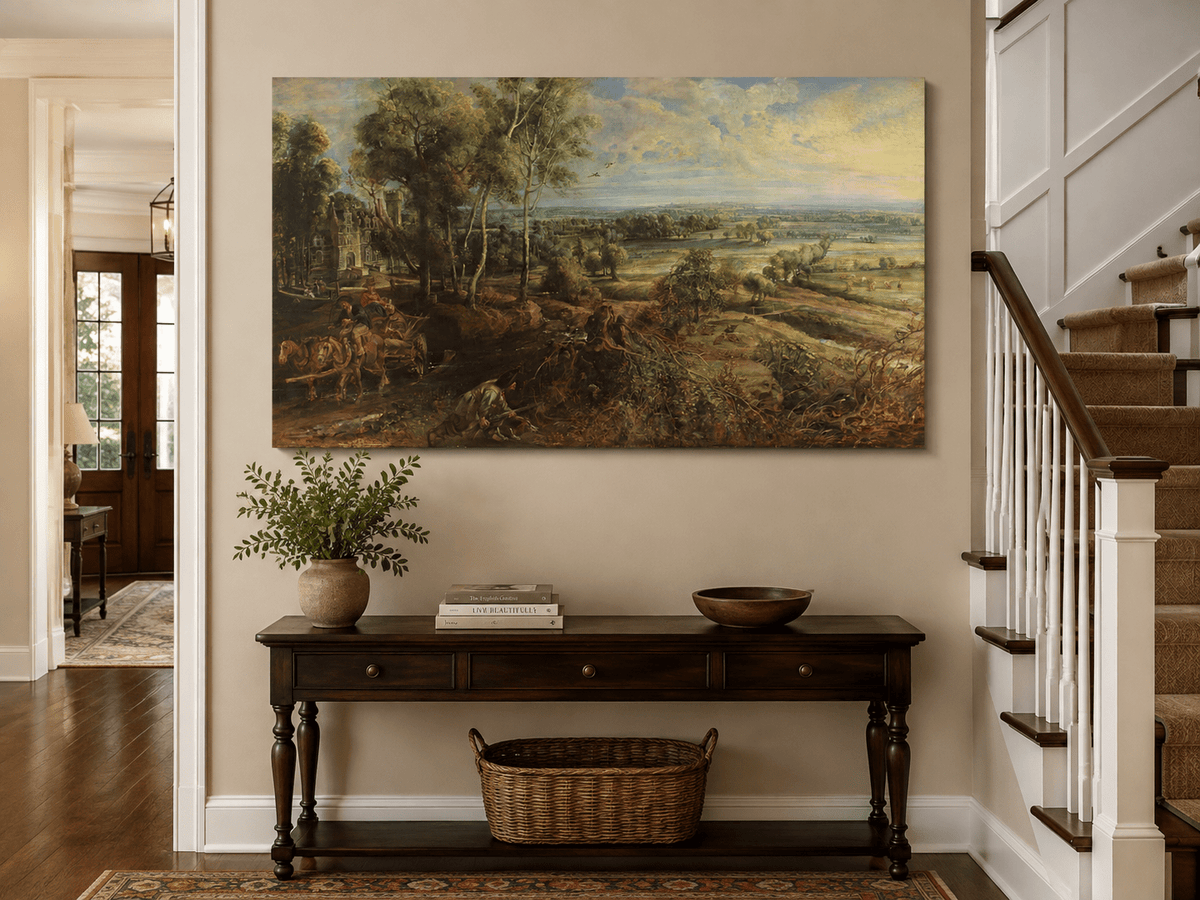 Pintura al óleo de paisaje: campo dorado por la mañana con castillo