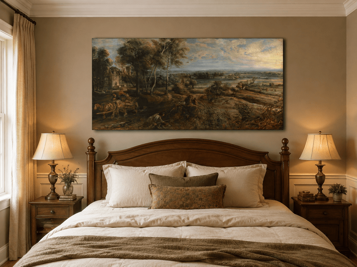 Pintura al óleo de paisaje: campo dorado por la mañana con castillo