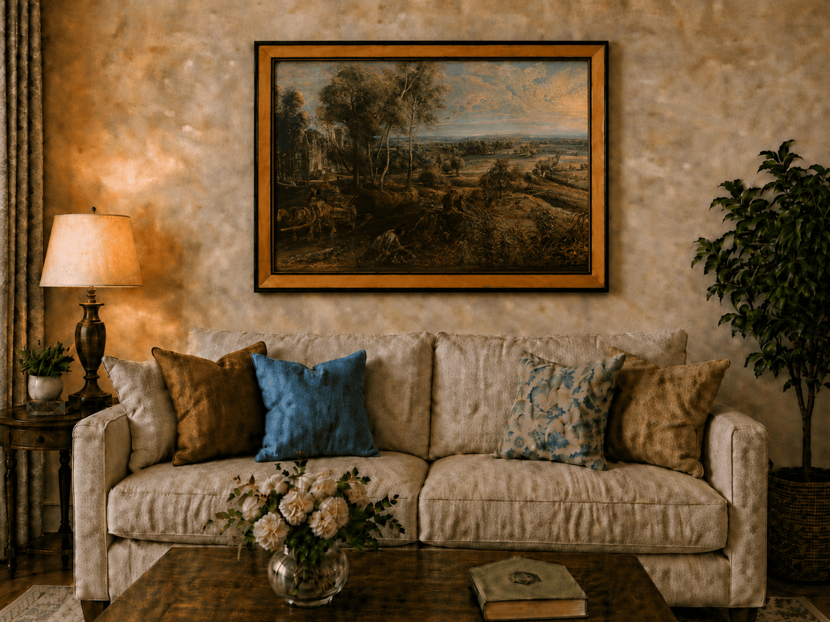 Pintura al óleo de paisaje: campo dorado por la mañana con castillo