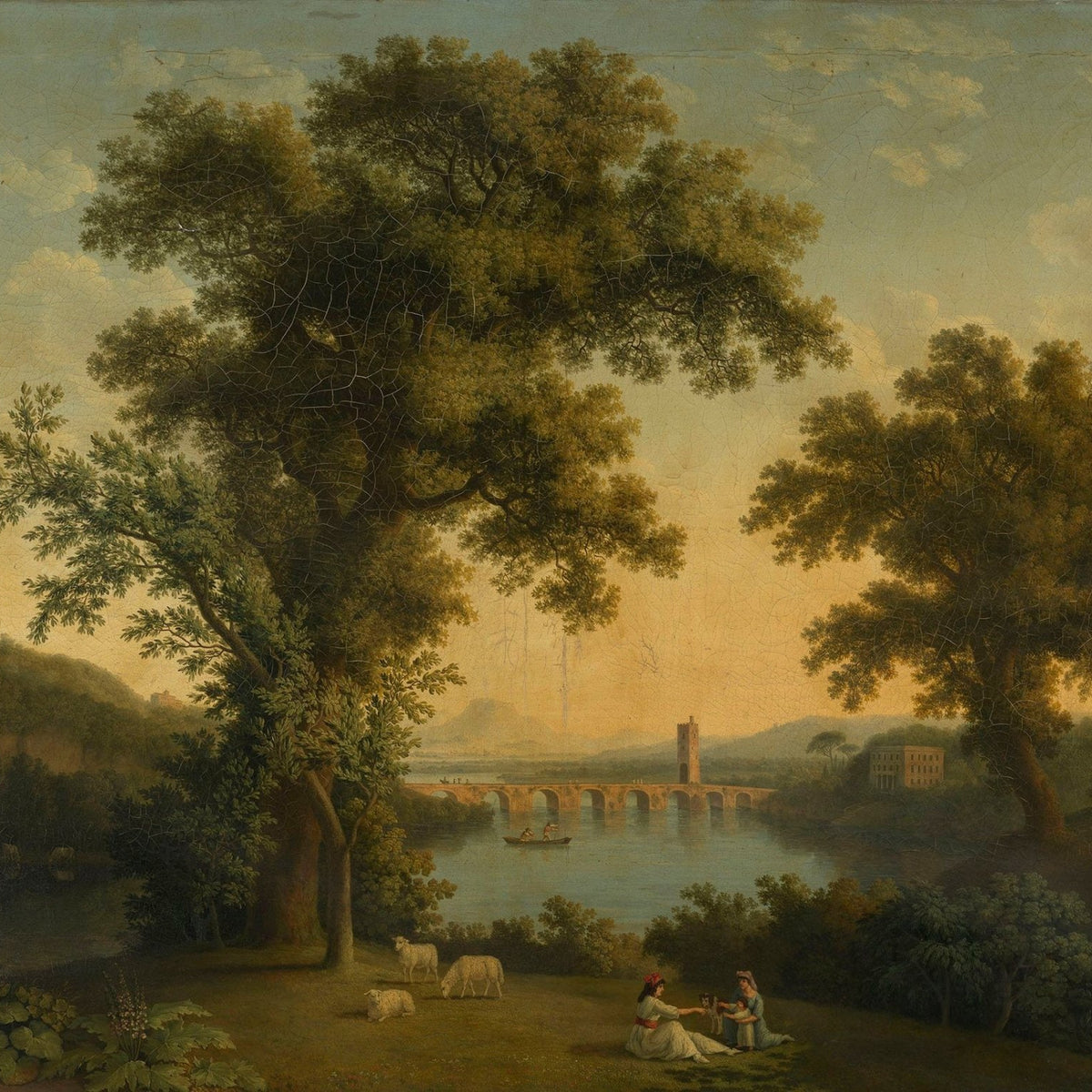 Hand-painted golden river bridge and pastoral trees landscape oil painting on canvas