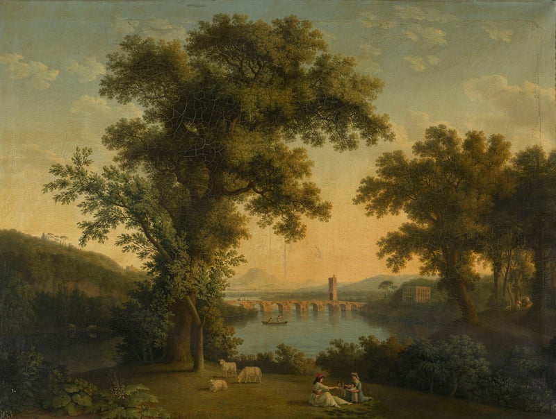 Hand-painted golden river bridge and pastoral trees landscape oil painting on canvas