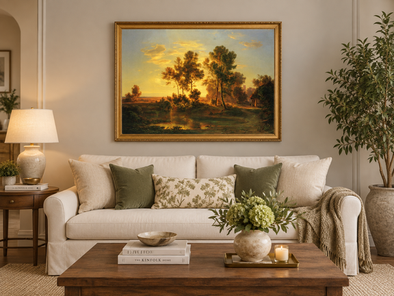 Hand-painted Golden Sunset Pond and Cottage landscape oil painting displayed as wall art in a styled interior