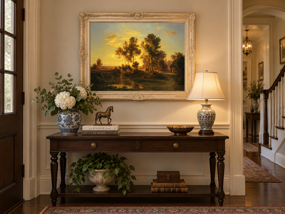 Hand-painted Golden Sunset Pond and Cottage landscape oil painting displayed as wall art in a styled interior