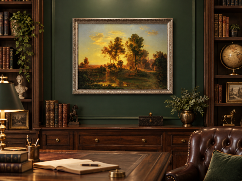Hand-painted Golden Sunset Pond and Cottage landscape oil painting displayed as wall art in a styled interior