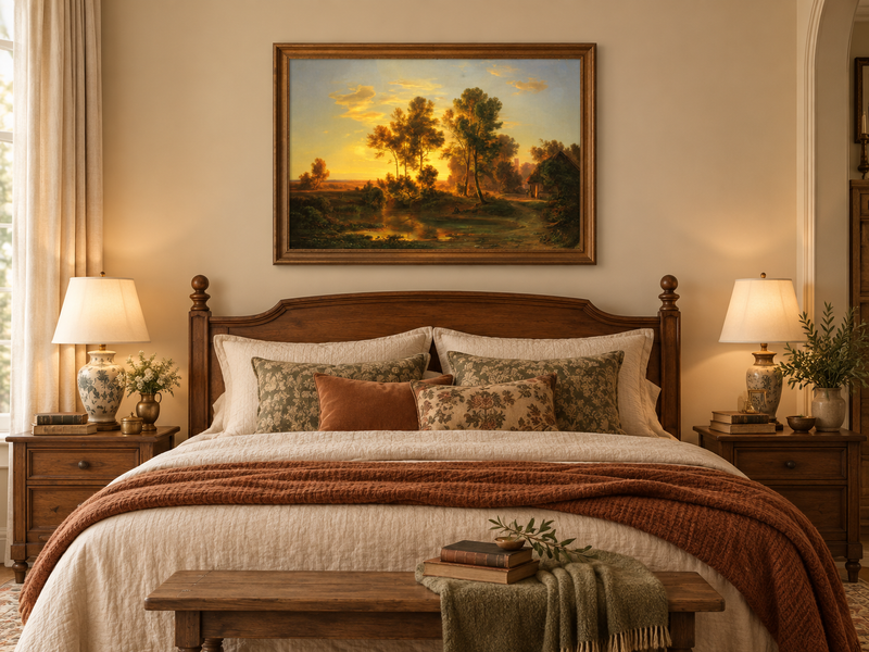 Hand-painted Golden Sunset Pond and Cottage landscape oil painting displayed as wall art in a styled interior