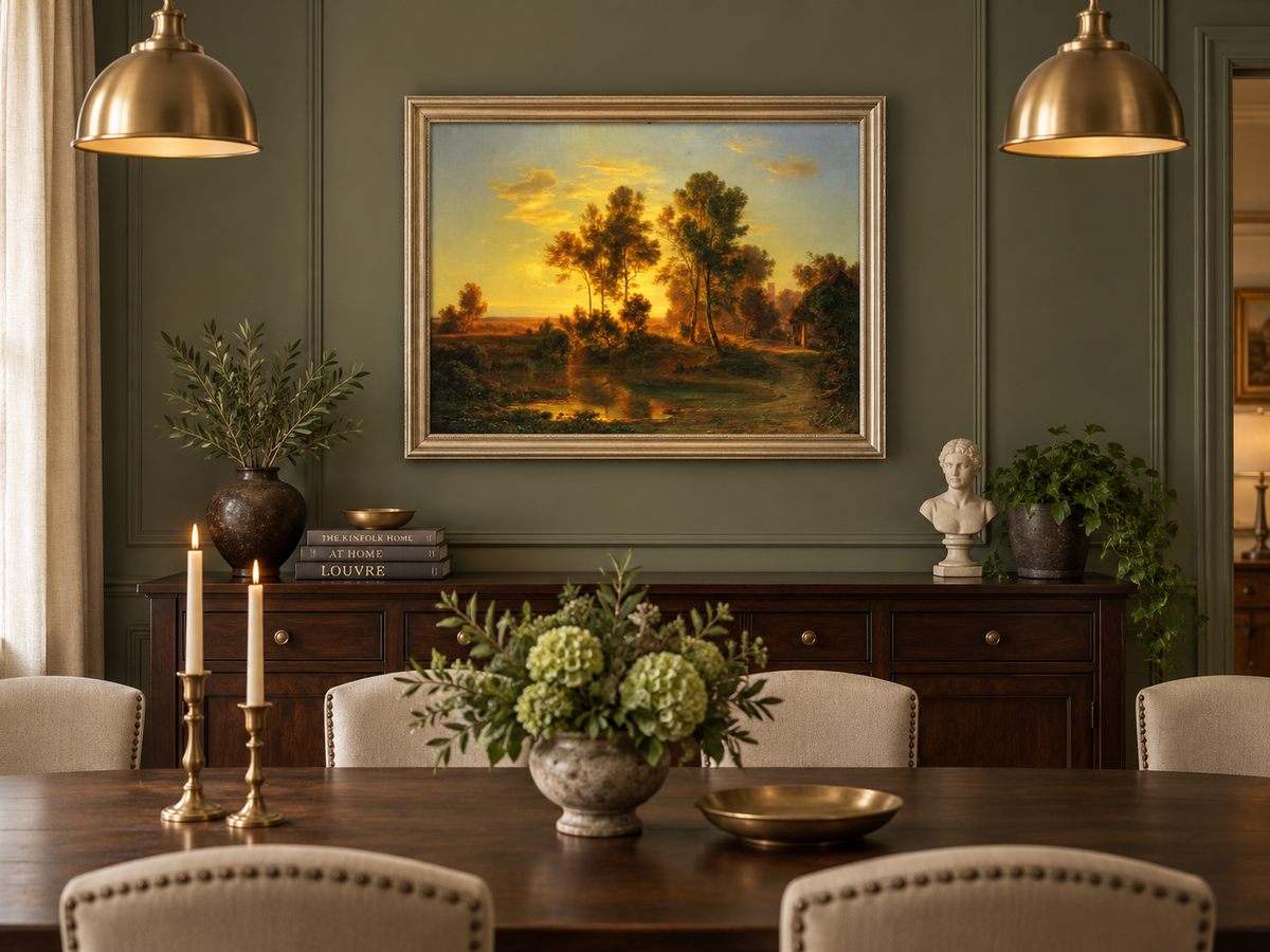 Hand-painted Golden Sunset Pond and Cottage landscape oil painting displayed as wall art in a styled interior