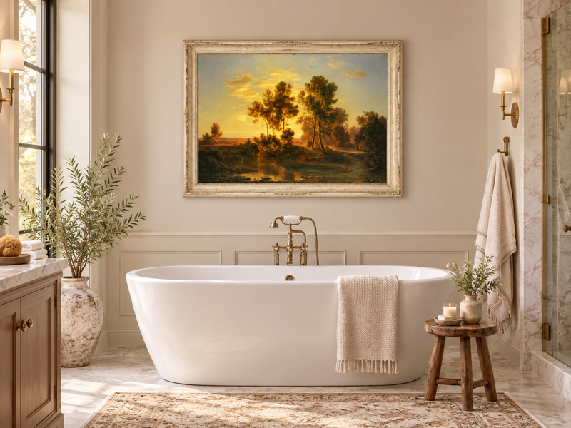 Hand-painted Golden Sunset Pond and Cottage landscape oil painting displayed as wall art in a styled interior