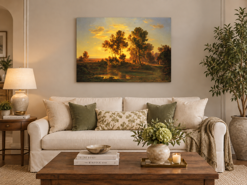 Hand-painted Golden Sunset Pond and Cottage landscape oil painting displayed as wall art in a styled interior