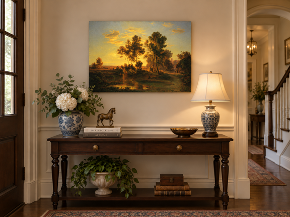 Hand-painted Golden Sunset Pond and Cottage landscape oil painting displayed as wall art in a styled interior