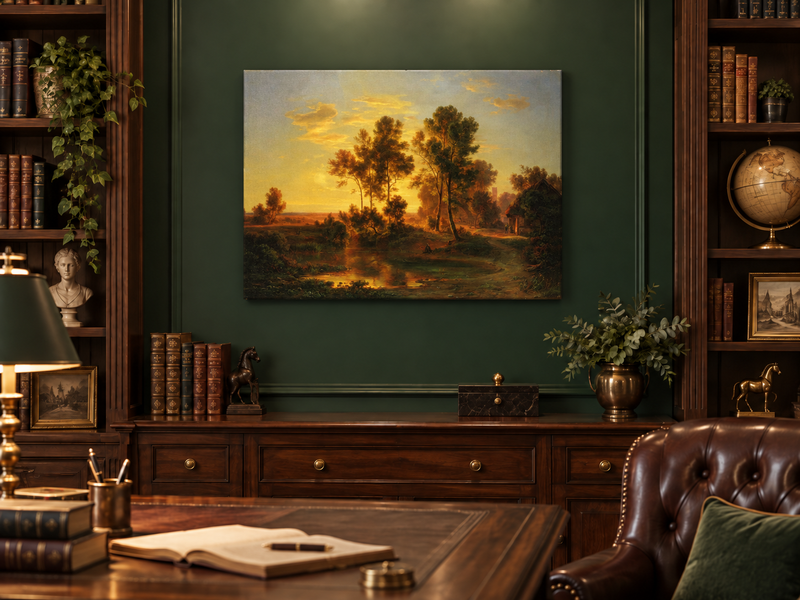 Hand-painted Golden Sunset Pond and Cottage landscape oil painting displayed as wall art in a styled interior