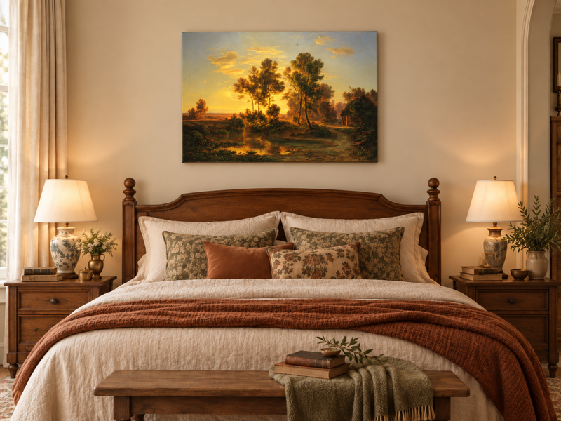 Hand-painted Golden Sunset Pond and Cottage landscape oil painting displayed as wall art in a styled interior