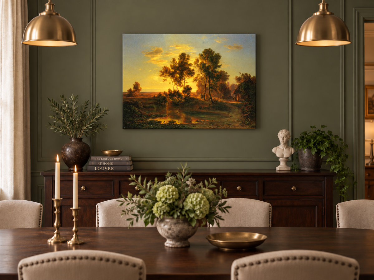 Hand-painted Golden Sunset Pond and Cottage landscape oil painting displayed as wall art in a styled interior