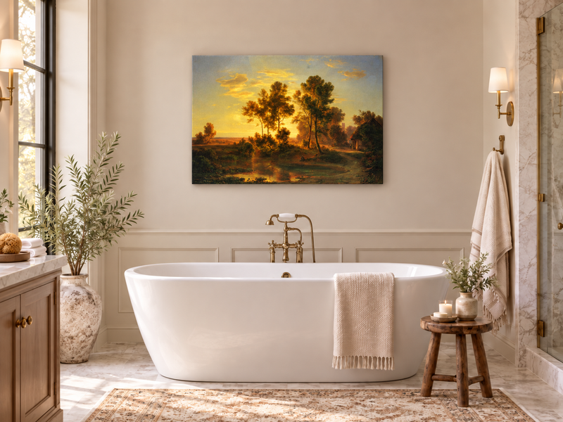 Hand-painted Golden Sunset Pond and Cottage landscape oil painting displayed as wall art in a styled interior